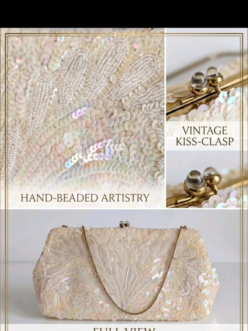 VTG 60s Josef Beaded Sequin Clutch Purse Cream Iridescent Hand Beaded In France